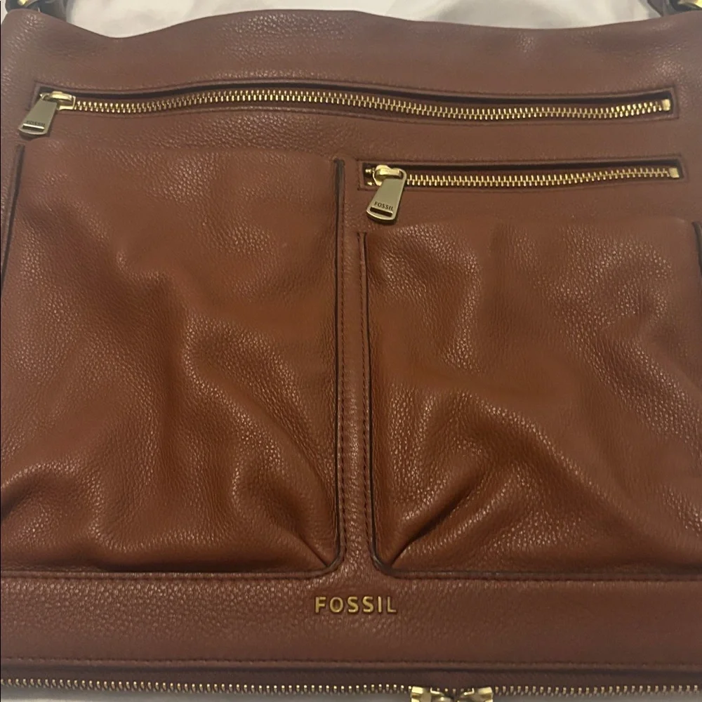 VTG Fossil Piper brown large crossbody shoulder bag pebbled leather zip bottom - Picture 10 of 16